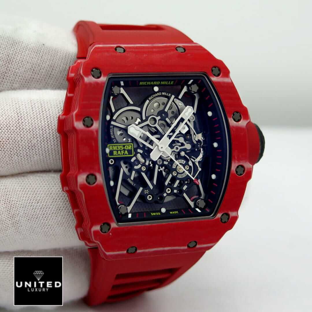 Richard Mille RM 35-02 Richard Mille RM35-02 Rafa Black Dial Red Bezel Replica on the glove hand