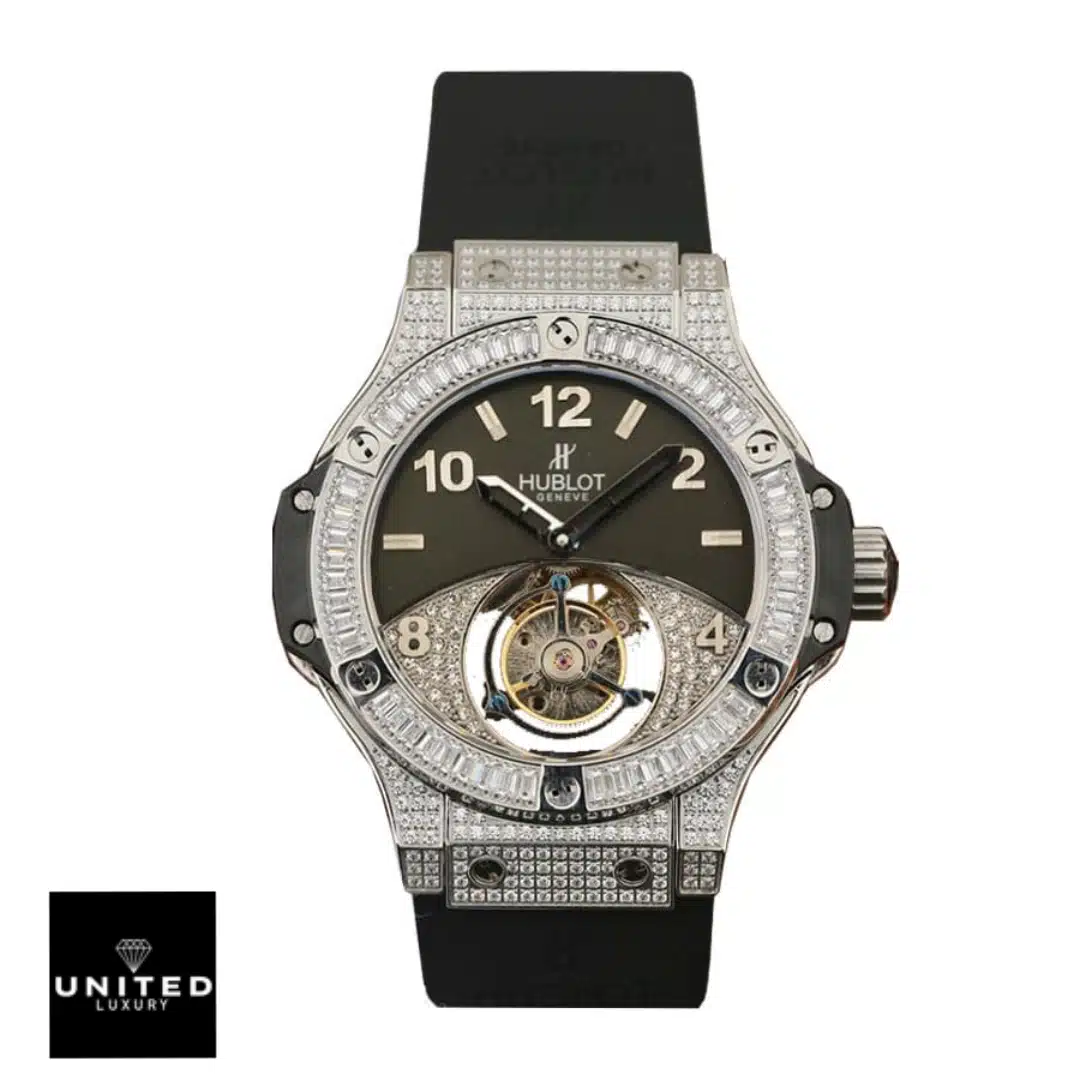 Hublot Big Bang Unico 411.JX.1170.RX-5 Hublot geneve tourbillion with diamonds black replica white backgorund