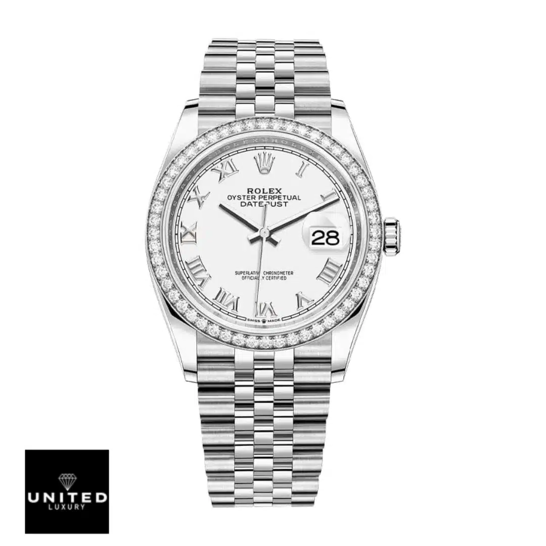 Rolex Datejust 126284RBR Rolex Datejust roman diamond bezel on the white background