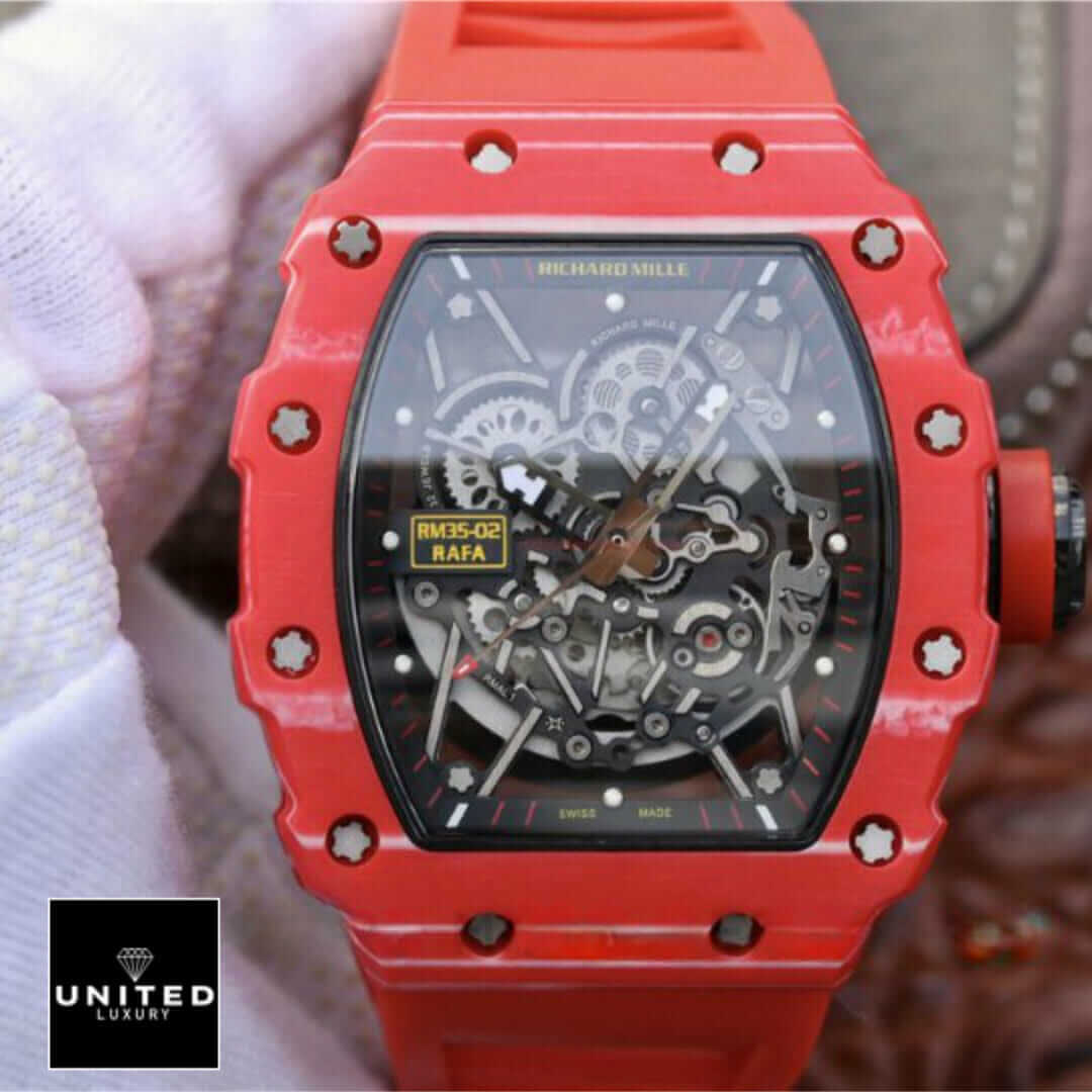 Richard Mille RM 35-02 Richard Milee RM35-02 RAFA Red Bracelet Black Dial Replica on the hand