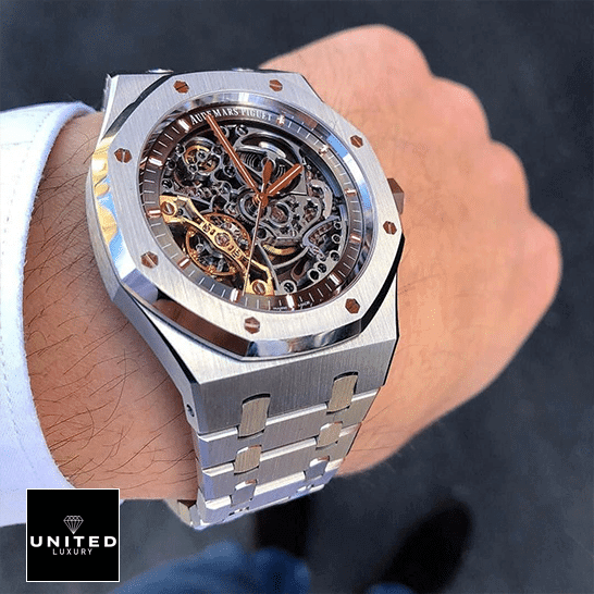 AP Royal Oak Audemars Piguet Stainless Steel Case and Bracelet Skeleton Dial Replica on the wrist