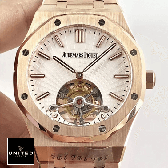 Audemars Piguet Royal Oak Tourbillon 26522ST Audemars Piguet Royal Oak Tourbillion White Dial Rose Gold Case Replica on the hand