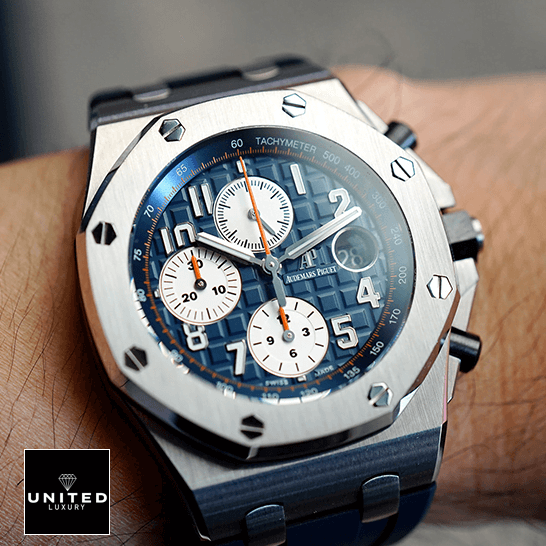 Audemars Piguet Royal Oak Offshore 26408OR.OO.A010CA.01 Audemars Piguet Blue Dial Royal Oak Replica on the wrist red second hand