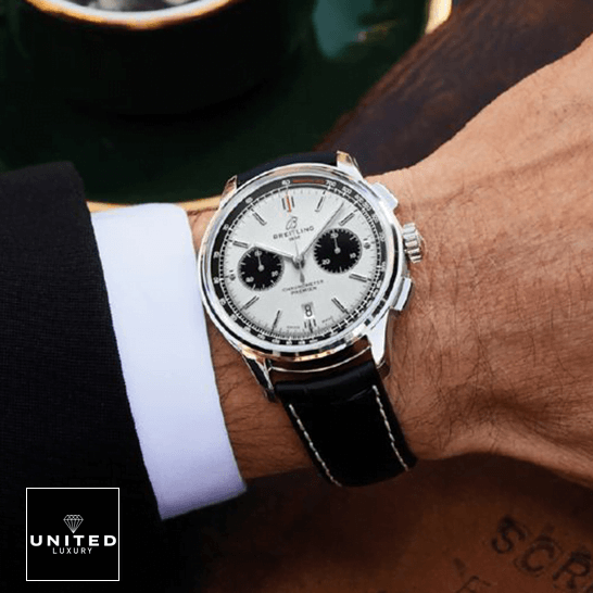 Breitling AB0118221G1P1 Black Leather Bracelet Replica on the man wrist