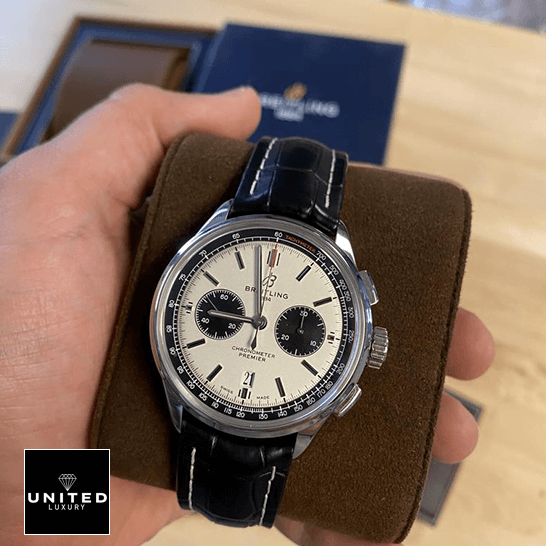 Breitling AB0118221G1P1 White Dial Replica on the hand