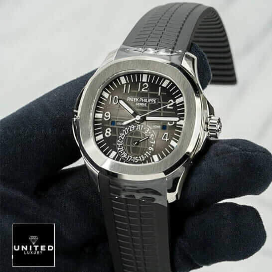 Patek Philippe Aquanaut Travel Time 5164A-001 "Dual Time" Supreme Clone Quality patek dual time replica Patek Philippe Black Dial Steel Bezel Replica on the black glove hand