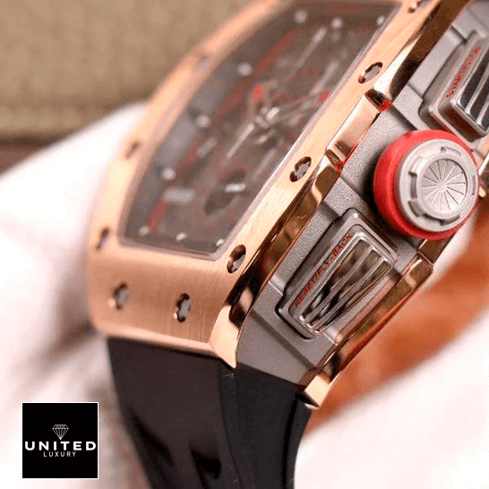 Richard Mille RM 011 Rose Gold Exceptional Replica 1:1 richard mille RM 011 automatic flyback chronograph red demon limited edition right Richard Mille RM 011 Red Limited Edition Replica crown / push button