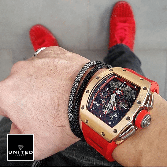 Richard Mille RM 011 Richard Mille RM011 Red Demon Man Gold Bezel Replica on the man wrist