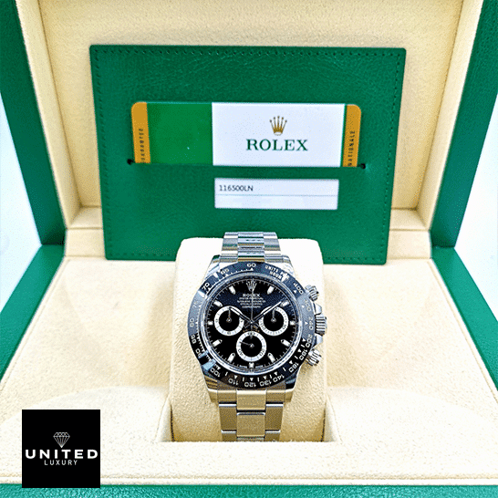 Rolex Daytona Cosmograph 116520 "Black Dial" Ultra Realistic Copy rolex daytona 116500LN stainless steel black dial oyster Rolex Daytona 116500ln-0002 Stainless Steel Oyster Replica & Guarantee Card in the Green Rolex Box