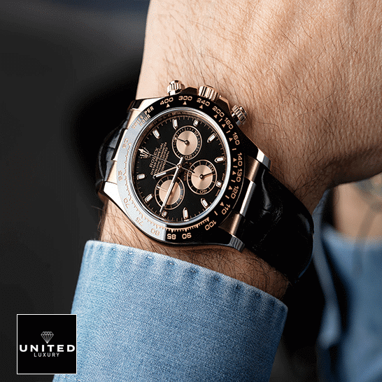 Rolex Daytona Cosmograph 116515LNBR Black Leather Bracelet Chocolate Dial Replica on is arm