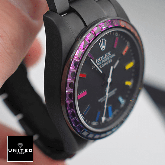 Rolex Milgauss 116400GV "Sapphire Bezel" First-Class Clone Rolex Milgauss 116400 Rainbow Black Case Gem-Set Bezel Replica