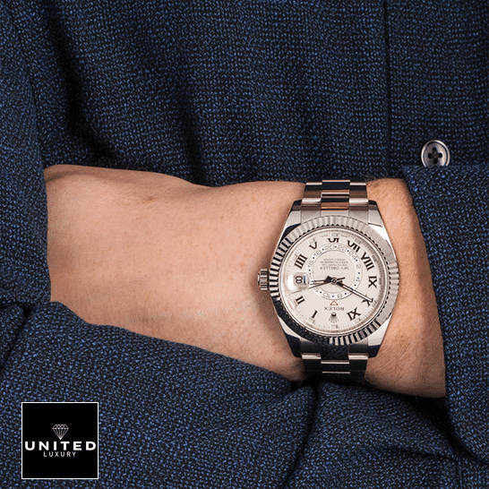 Rolex Sky-Dweller White Dial 326939 Oyster Replica on his arm