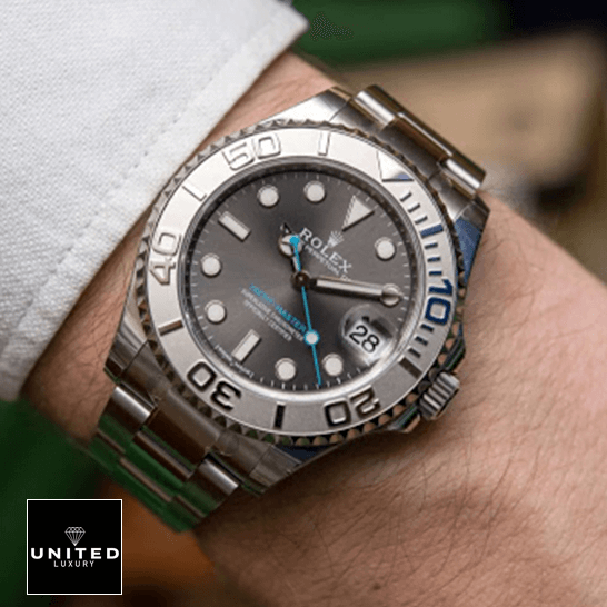 Rolex 268622 Steel Platinnum Grey Dial Replica white shirt at the wrist