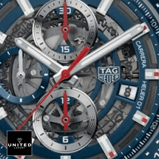 TAG Heuer Carrera 01 CAR201T "Blue Skeleton Dial" Precision Replica Edition Tag Heuer Blue Dial Red Second Hand Replica close analog view