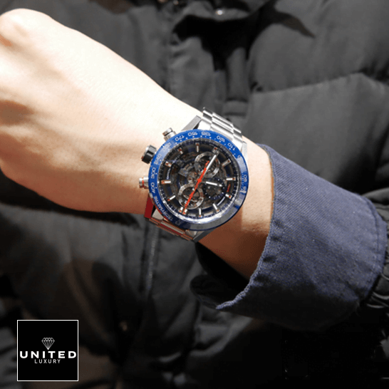 TAG Heuer Carrera 01 CAR201T "Blue Skeleton Dial" Precision Replica Edition Tag Heuer Carrera Blue Bezel Black Dial Red Second Hand Replica on the wrist