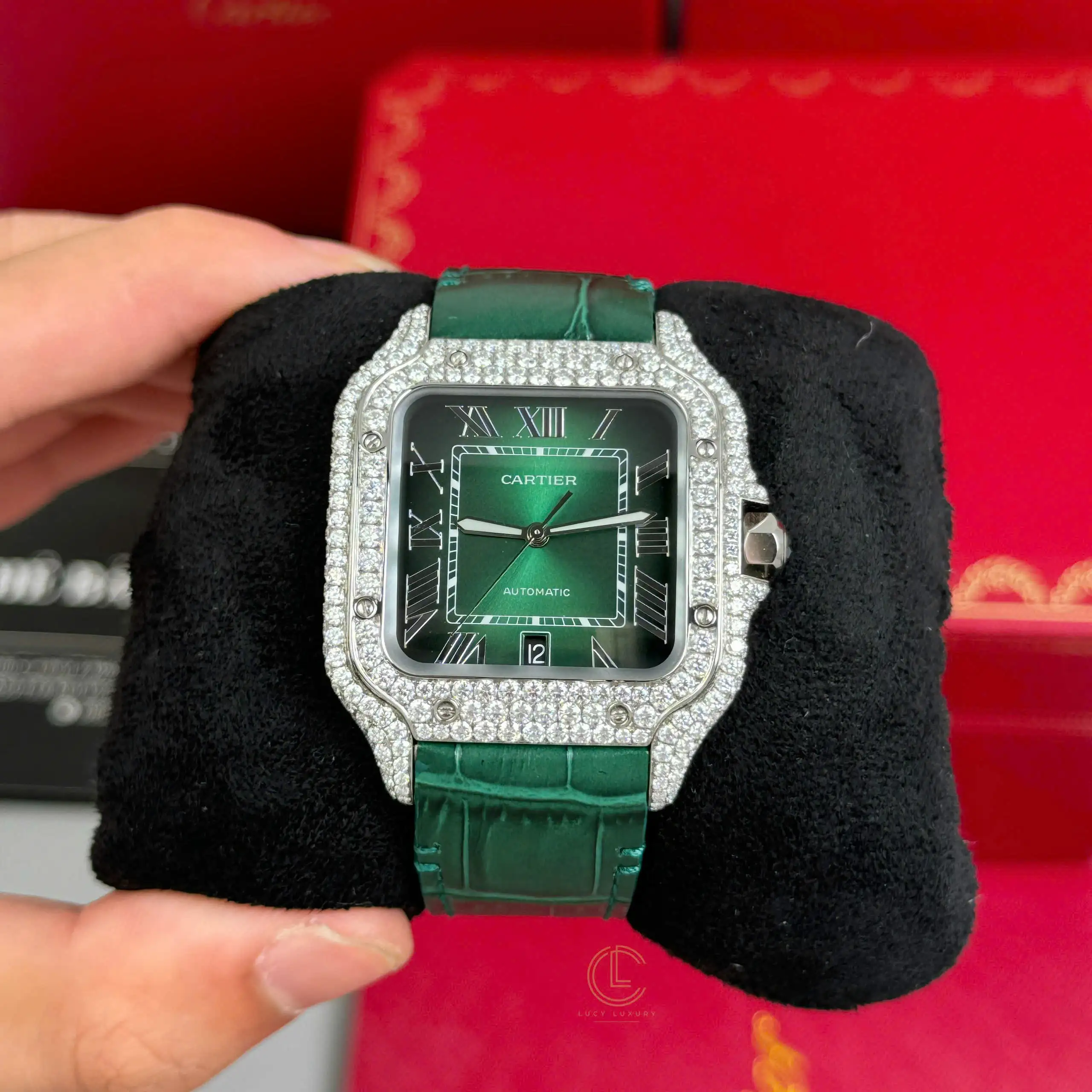 lucyluxury-vn-q9KKVabQ3C Cartier Santos De Cartier WSSA0062 Green Dial Custom Full Moissanite – Handcrafted Diamod - Image 1