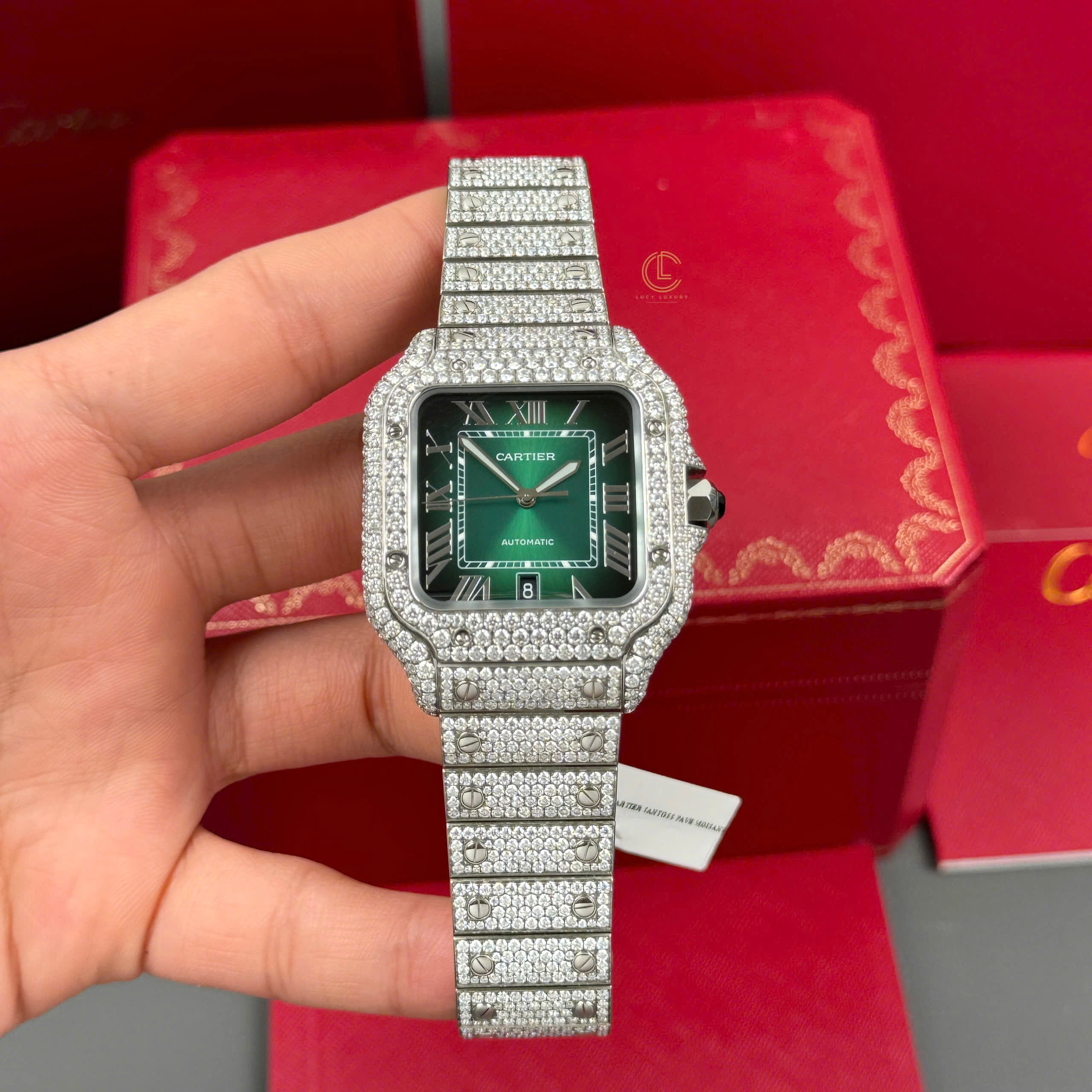 lucytimepieces-com-136 Cartier Santos De Cartier 39.8mm Green Dial Full Moissanite Hongkong – Customize Diamod - Image 1