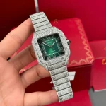 Cartier Santos De Cartier 39.8mm Green Dial Full Moissanite Hongkong –  Customize Diamod - Image 3