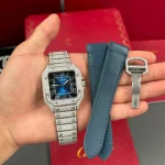 Cartier Santos De Cartier 39.8mm Blue Dial Full Moissanite HongKong –  Customize Diamod - Image 2