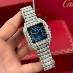 Cartier Santos De Cartier 39.8mm Blue Dial Full Moissanite HongKong –  Customize Diamod - Image 3