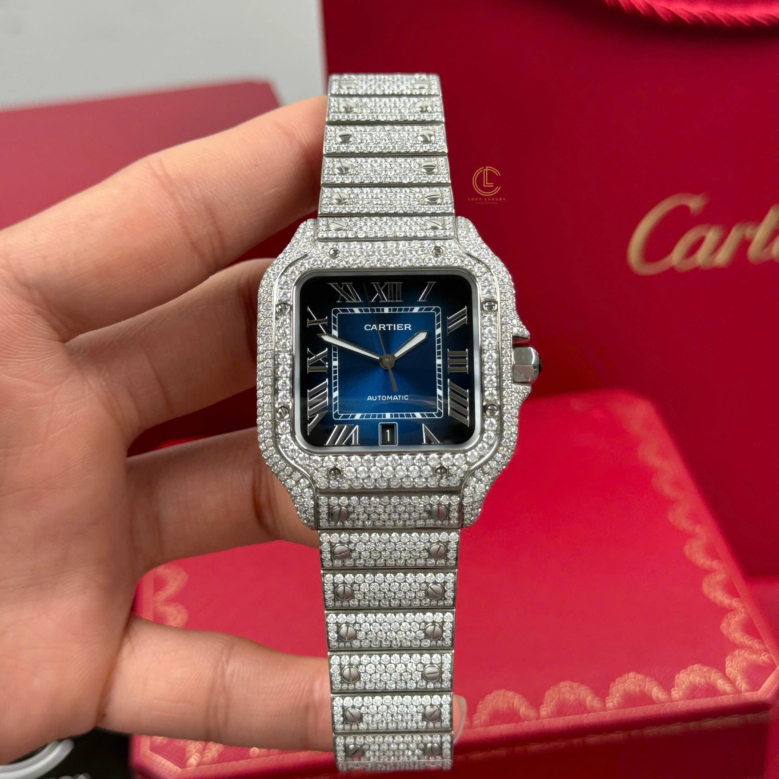 lucytimepieces-com-146 Cartier Santos De Cartier 39.8mm Blue Dial Full Moissanite HongKong – Customize Diamod - Image 1
