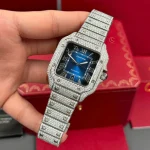 Cartier Santos De Cartier 39.8mm Blue Dial Full Moissanite HongKong –  Customize Diamod - Image 4