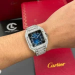 Cartier Santos De Cartier 39.8mm Blue Dial Full Moissanite HongKong –  Customize Diamod - Image 5