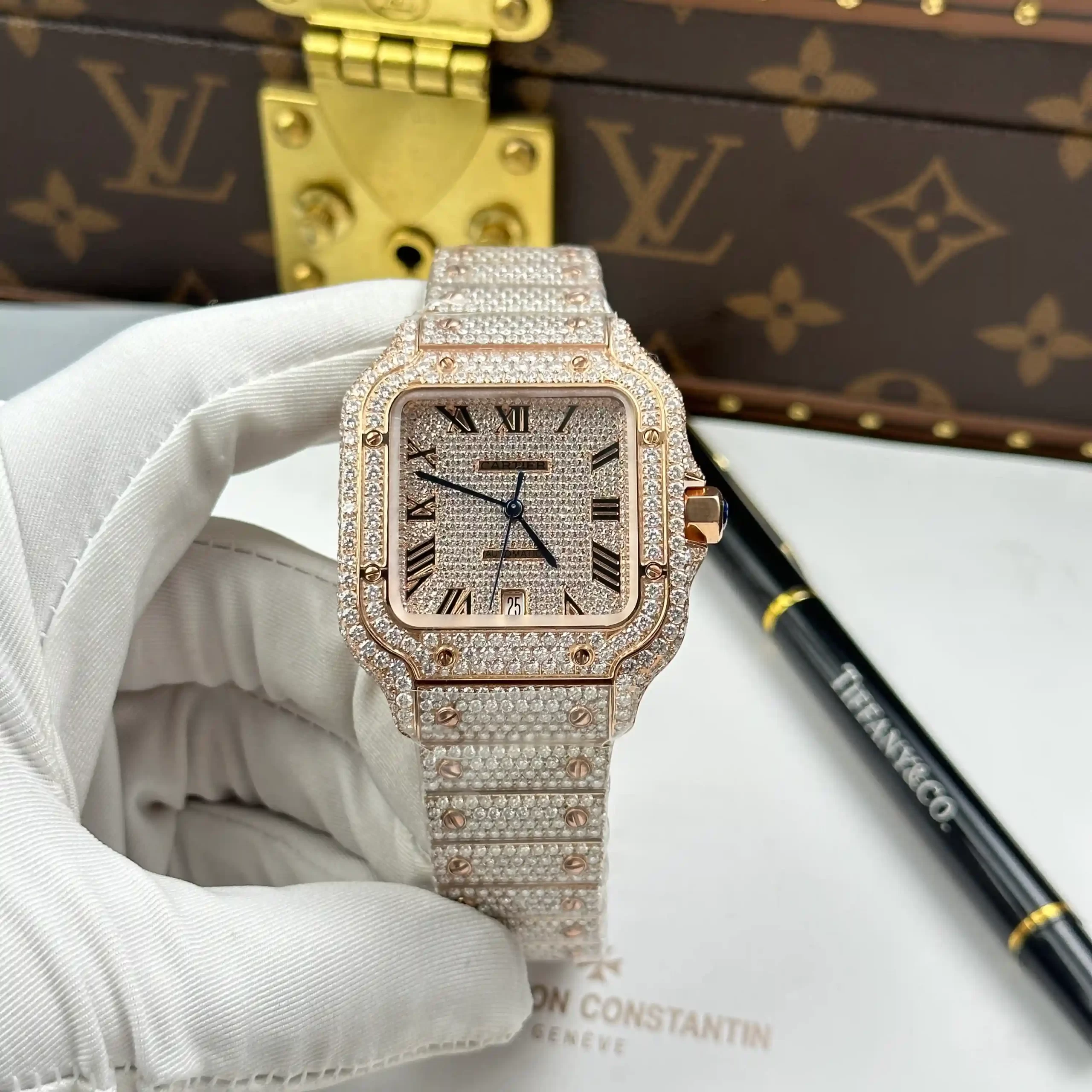 z7444533348636_e43b68e73fc36d0248ff90602c4f0405-scaled-1 Cartier Santos de Cartie Larger Full Diamond Rose Gold 39.8mm – Handcrafted Diamod - Image 1