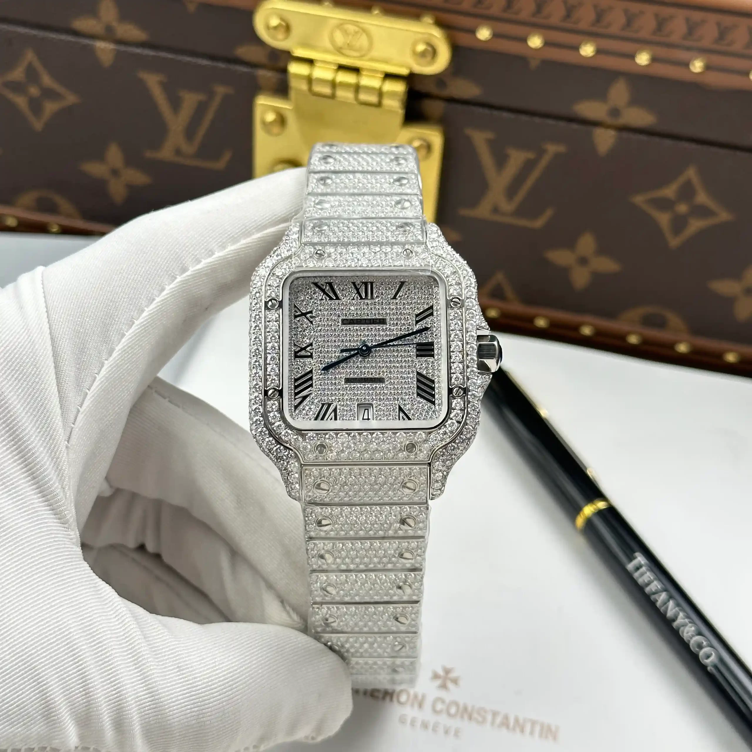 z7444534209670_f722870b8974ac2f4f074225ee0fae77-scaled-1 Cartier Santos de Cartie Larger Full Diamond 39.8mm – Handcrafted Diamod - Image 1